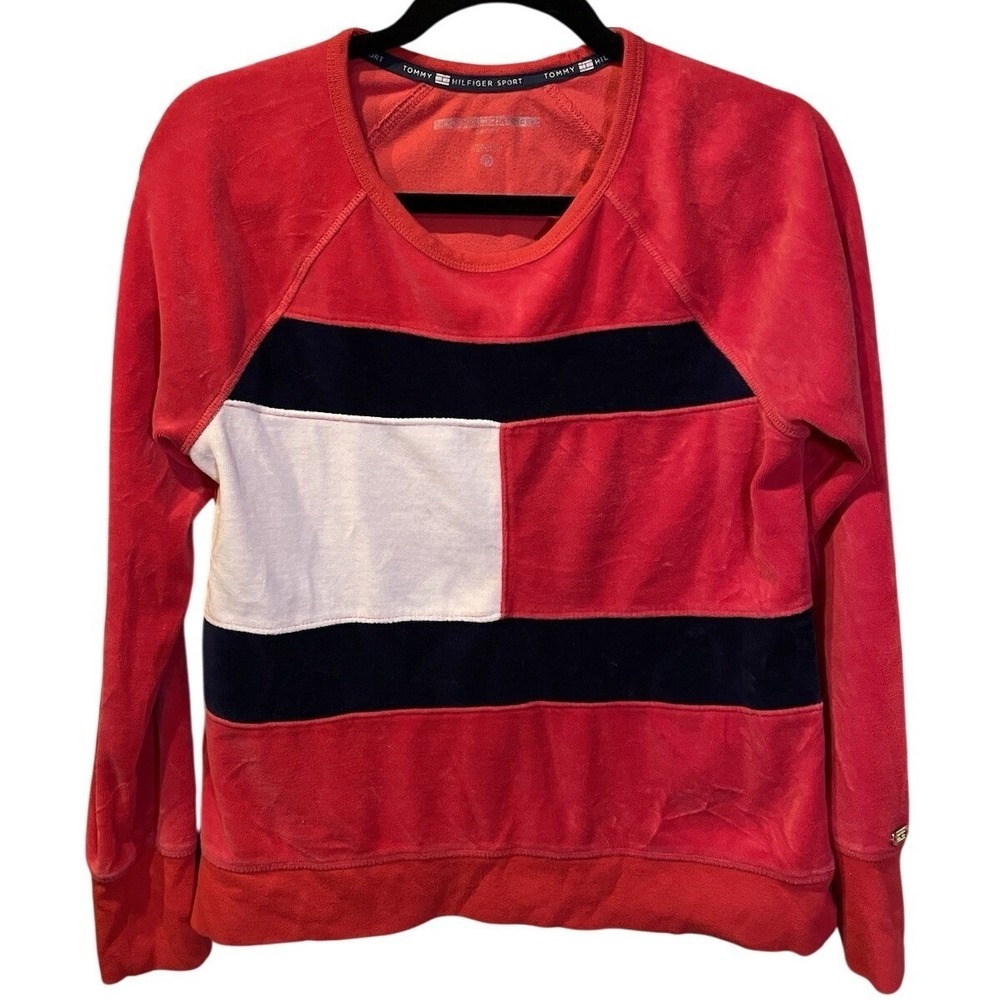 Tommy Hilfiger Women's Velour Sport Top Small Red White Blue Long Sleeve Y2K